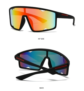 Polarized sports sunglasses featuring matte black frames with red stripes and gradient lenses