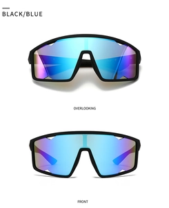 Dual view of black matte sports sunglasses with blue and purple polarized lenses
