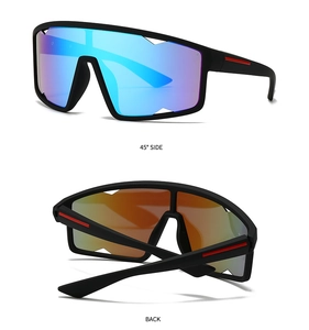 Detail view of square polarized sunglasses with matte black frames and colorful lenses