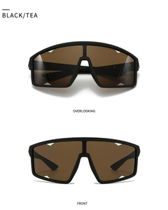 Detail view of square polarized sunglasses with matte black frames and tea lenses