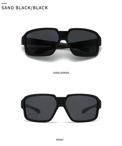 Macro detail of square sand black frame and black polarized lenses from multiple views