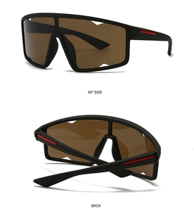 Detail view of square polarized sunglasses with matte black frame and red side stripes