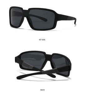 Detail view of square black sunglasses showing the 45-degree side and textured temple arms