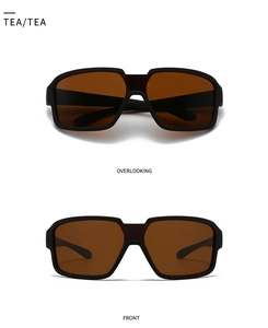 Detailed top and front view of classic square polarized sunglasses with tea lenses