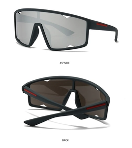 Close-up of sports sunglasses with matte grey frame and red temple accents from two angles
