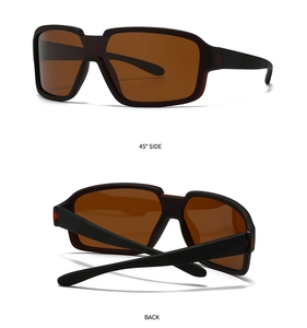 Detail view of square matte black sunglasses with brown polarized lenses and non-slip temples