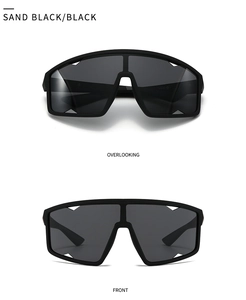 Front and top view of sand black sports polarized sunglasses with dark grey lenses
