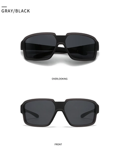 Detail view showing front and top angles of classic square polarized sunglasses in black