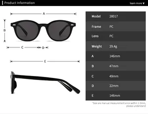 Size guide for model 28017 sunglasses detailing frame width and lens dimensions