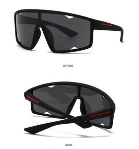 Polarized square sunglasses featuring matte black frames and red stripe detail from multiple angles