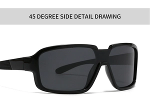 Detail view of black square polarized sunglasses with honeycomb textured temple arms