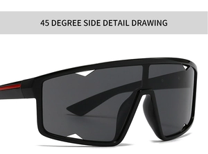 Detailed 45-degree view of polarized sport sunglasses with red accents and notched frame