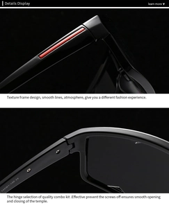 Detail of polarized sunglasses hinge with red trim and size specs on the temple