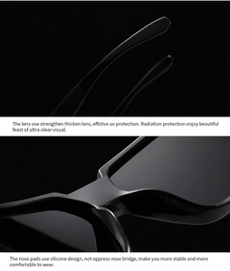 Detail of square polarized sunglasses featuring reinforced UV lenses and silicone nose pads