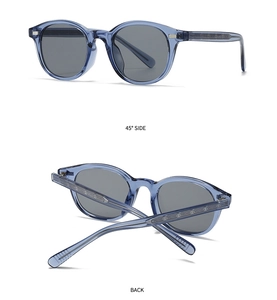 Detail view of round vintage sunglasses with transparent blue frame and grey lenses