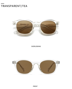 Detail view of round vintage sunglasses with transparent frames and brown lenses