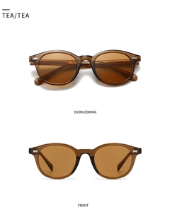 Macro view of retro round sunglasses in translucent tea color with metal rivet details