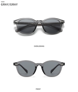 Gray transparent round frame sunglasses with metal rivet details and gray lenses