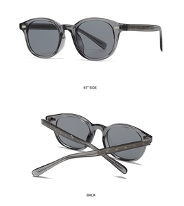 Detailed views of gray round sunglasses showing 45-degree side and back structure
