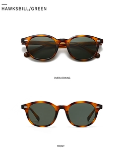 Front and top view of hawksbill frames with green lenses and metal accents