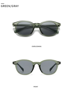 Front and overlooking views of green translucent retro sunglasses with gray lenses