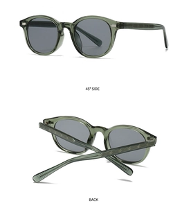 Detail view of vintage round sunglasses showing 45-degree side and back folding frame