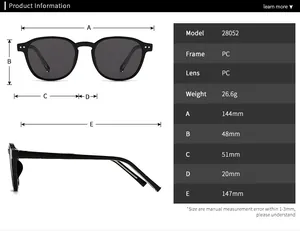 Detailed size chart for retro round frame sunglasses showing lens and frame dimensions
