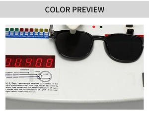 Detail showing UV400 protection test for retro round frame acetate sunglasses