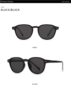 Front and 45-degree side view of black vintage round frame sunglasses with silver dots