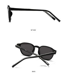 Side and back view of retro round frame black sunglasses showing frame details and temples