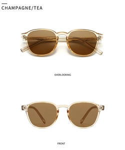 Detail of retro round sunglasses with champagne frame and tea-colored lenses from dual angles