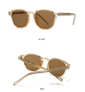 Detail view of champagne resin sunglasses showing 45-degree side angle and textured temples