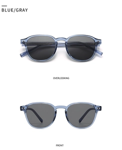 Front and top view of retro round blue sunglasses with gray lenses and metal rivets