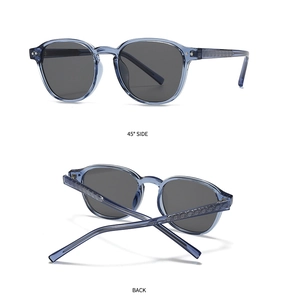 Detail view of blue translucent retro sunglasses showing 45-degree side and back angles