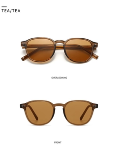 Dual view of retro amber tea sunglasses showing front and overlooking angles