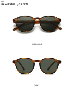 Retro round tortoiseshell sunglasses with green lenses in top and front views