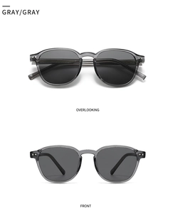 Front and top view of vintage round sunglasses with translucent gray frames and grey lenses