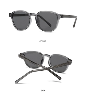 Detail view of retro round sunglasses with gray translucent frame and geometric patterns