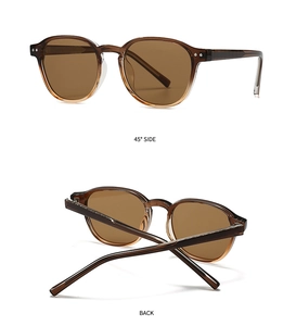 Detail view of amber tortoiseshell round sunglasses showing side and back angles