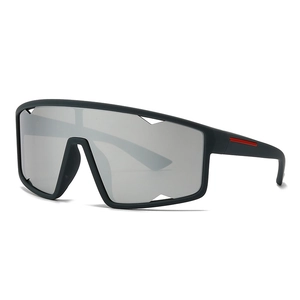 Black polarized square sports sunglasses with one-piece lens and red stripe detail