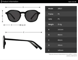 Size chart and dimensions for model 28027 vintage retro style acrylic sunglasses