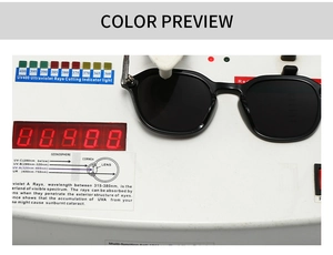 Sunglasses featuring UV400 protection testing on a professional ultraviolet meter device