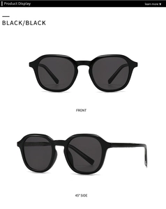 Front and 45-degree side view of black full-rim retro sunglasses with dark gray lenses