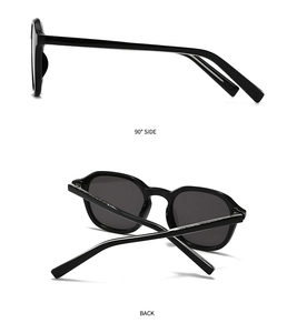 Detailed side and back views of retro black acetate sunglasses with metal hinges