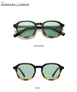 Close-up of retro black and hawksbill frame sunglasses with light green lenses