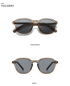 Front and top view of vintage tea-gray sunglasses with translucent frames and dark lenses