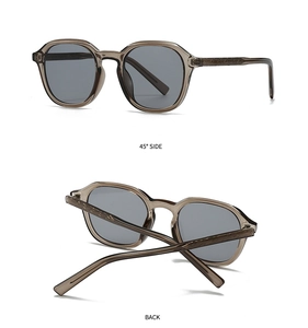 Detail of vintage square tea frame sunglasses with grey lenses and 45 degree side view