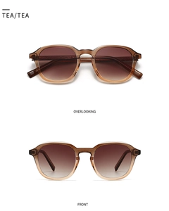 Detailed front and top view of tea-colored transparent square sunglasses with gradient lenses