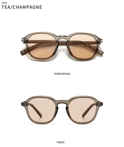 Detailed views of vintage champagne sunglasses showing top and front frames and hinges