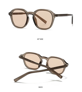 Detail view showing the 45-degree side and back of retro translucent amber sunglasses